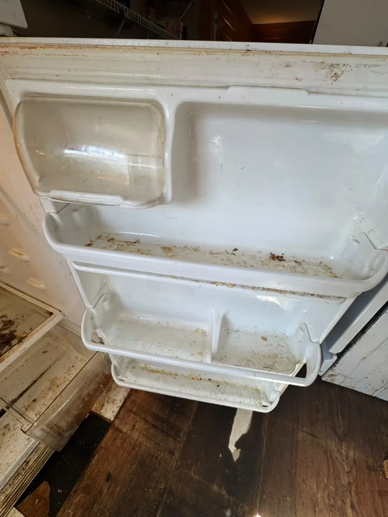 The same refrigerator door before cleaning, with dried spills and stains on every shelf