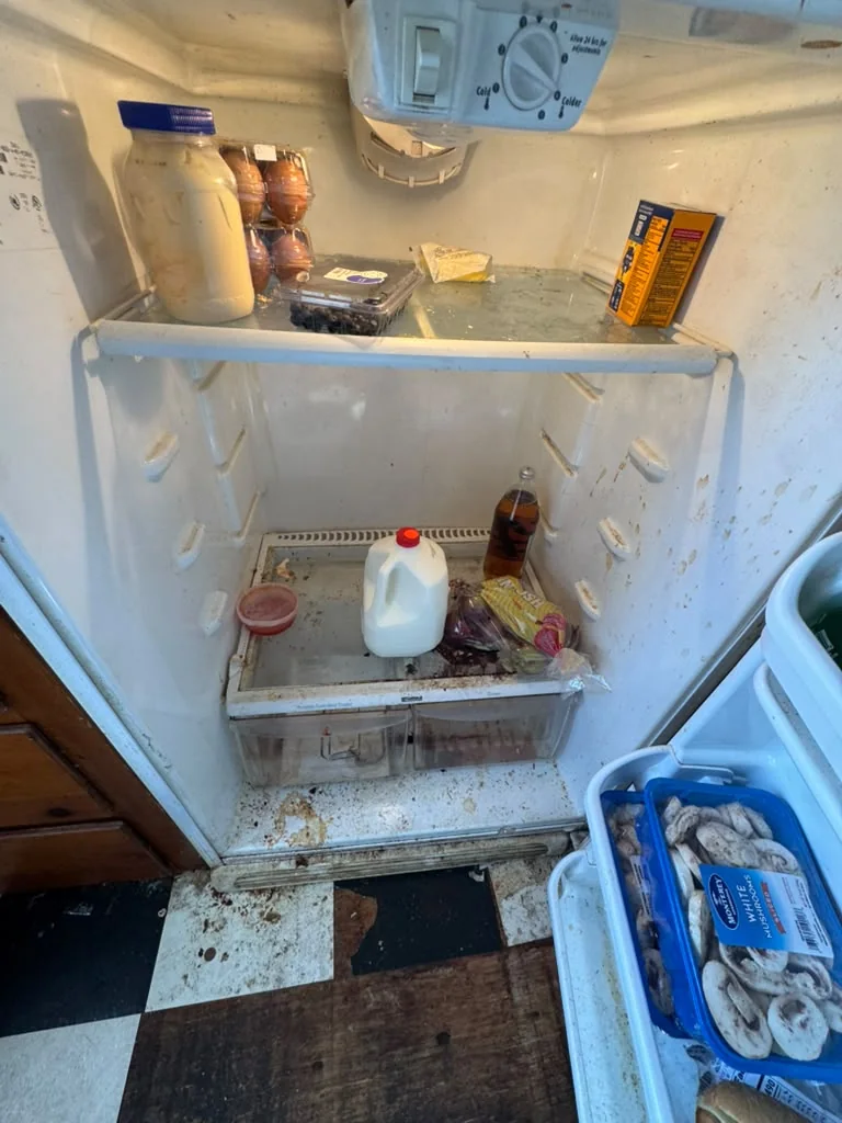 The same refrigerator before cleaning, with spills and crumbs on the shelves and floor